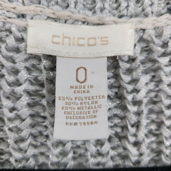 Chico's Cardigan Formal Silver Open Knit Short Sleeve Sheer Lettuce Ruffle 0 - Picture 13 of 16